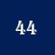White number 44 on a navy blue square background.